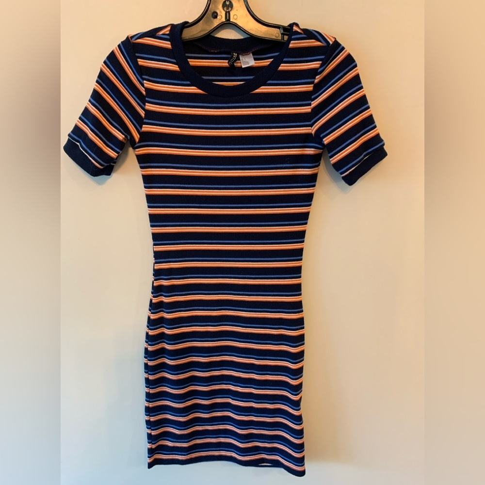 DIVIDED Navy and Orange Striped Mini Dress